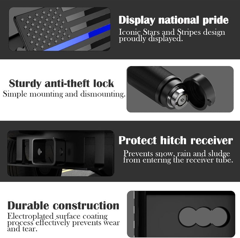 OGYE 2.5 Inch American Flag Trailer Hitch Cover, Fit for 2.5 Inch Hitch Receivers (with 5/8" Pin Dia Anti-Theft Trailer Hitch Lock)，Black&Thin Blue line - Image 4